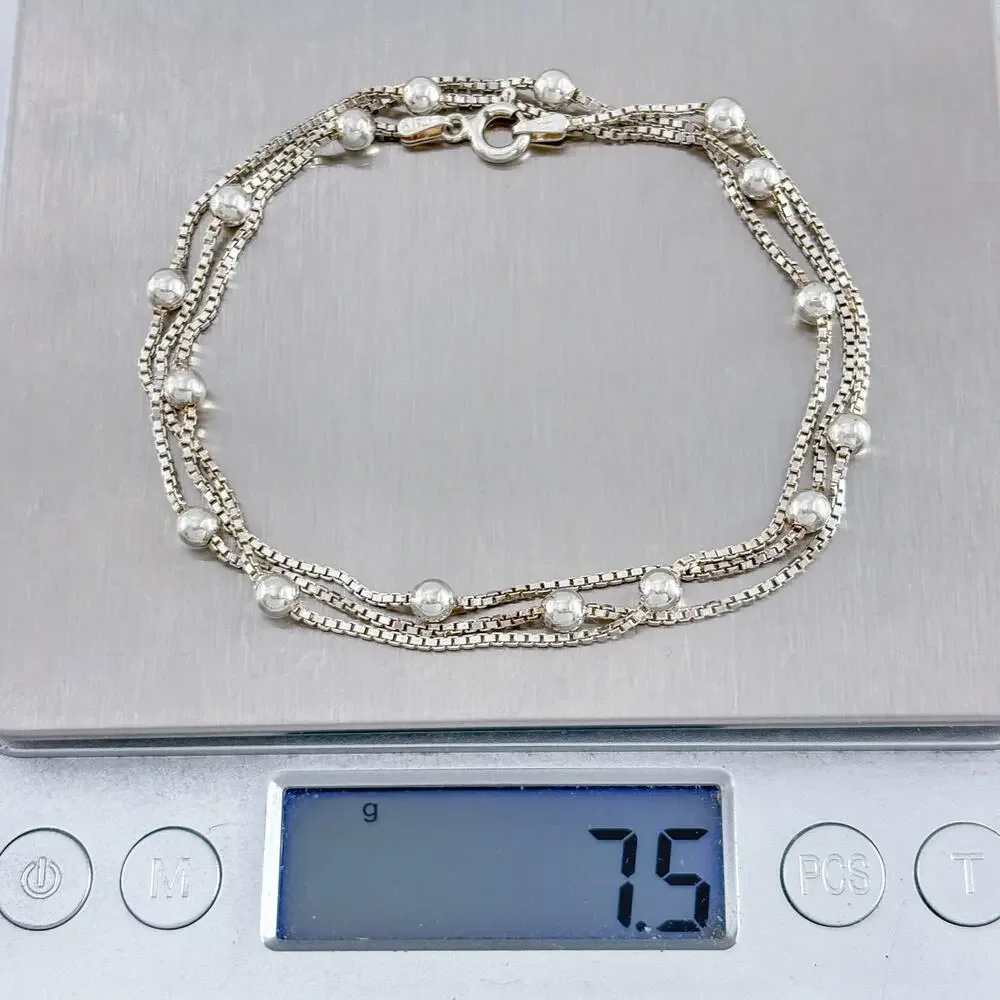 Vintage Italy Sterling Silver 925 Beaded Box Chain Necklace 24